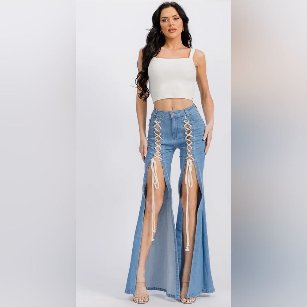 Make An Offer- Blue Lace-Up Bell Bottom Women Jeans